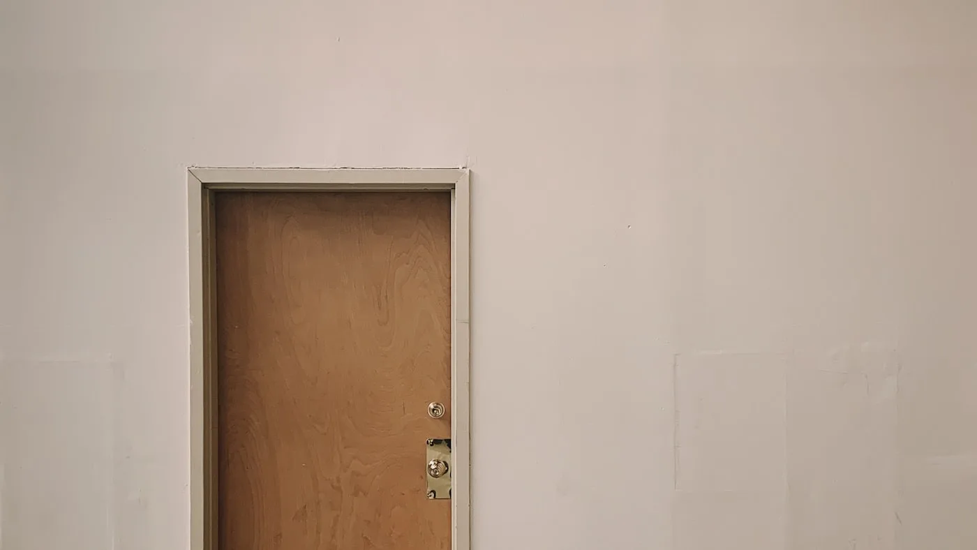 A plain closed door in a pale wall