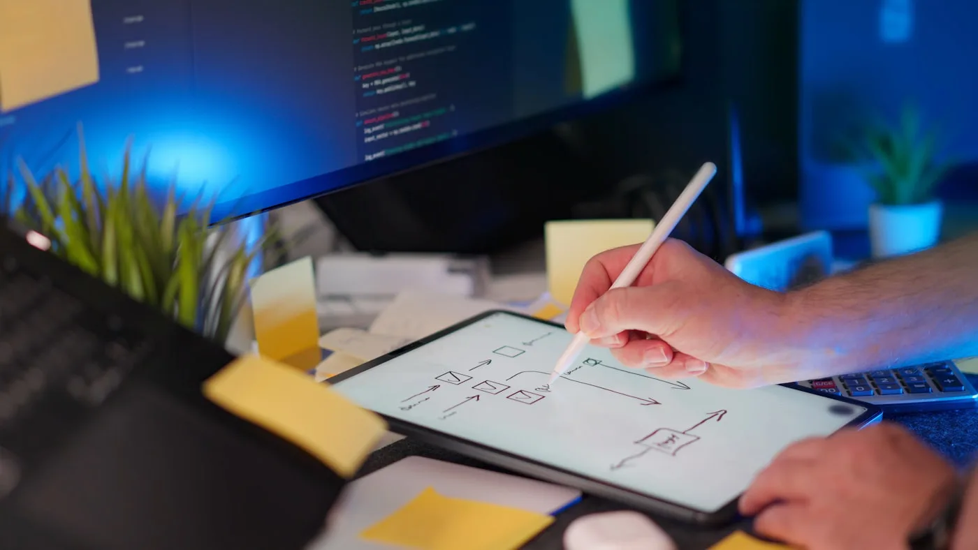 A desk lit blue by a screen, with a diagram being sketched by hand